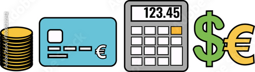 Financial symbols, calculator, credit card, and money