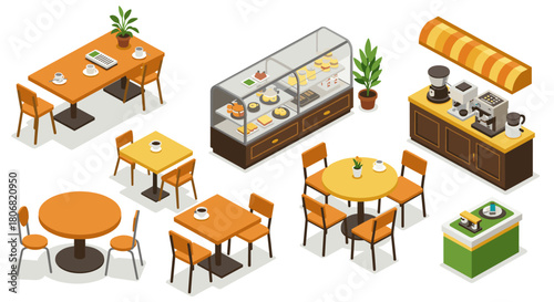 Isometric coffee shop interior with tables, chairs, and display case