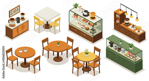 Modern isometric cafe interiors with tables, chairs, and coffee counters