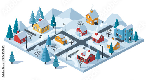 Winter wonderland isometric village with snow-covered houses and trees