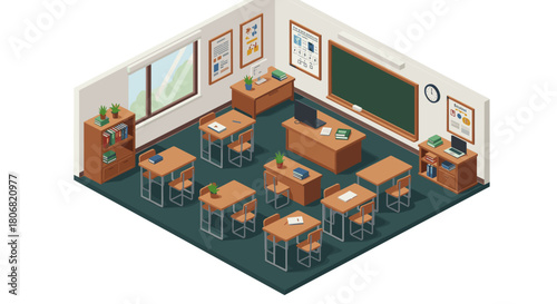 Isometric classroom design with desks and educational posters in a modern school setting