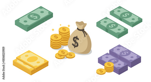 Isometric money icon set with cash, coins, and bag for financial concepts