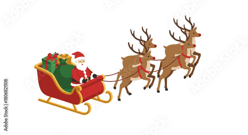 Santa riding sleigh with reindeer and gifts in isometric winter scene