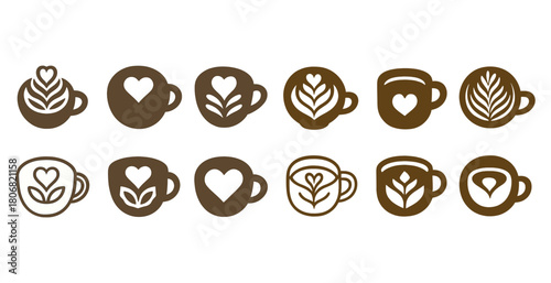 Set of coffee cup icons with heart and leaf designs in brown tones