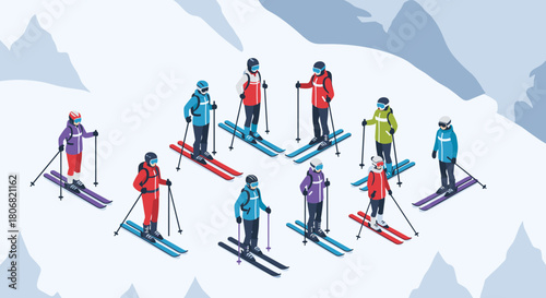 Skiers on a snowy mountain slope engaging in winter outdoor activity