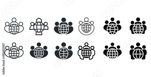 Set of globe and people icons representing global community and connection concepts