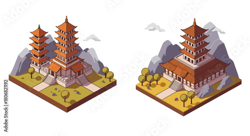 Traditional asian pagodas in scenic isometric landscape with mountains and trees