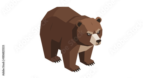 Isometric brown bear with geometric design and intense expression