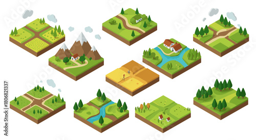 Collection of isometric landscape elements featuring countryside, mountains, and rivers