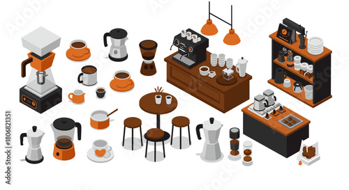 Isometric coffee shop elements with espresso machines and cups