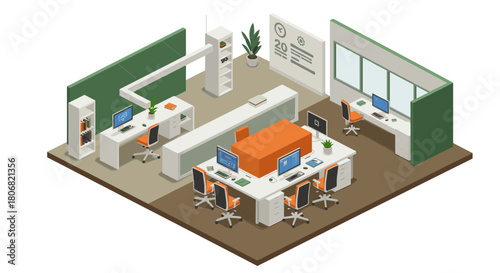 Modern isometric office interior with desks and computers in a collaborative work environment