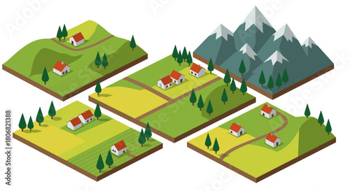 Isometric rural landscapes with mountains and farmland