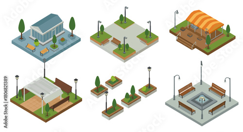 Isometric urban park elements with benches, greenery, and decorative lighting