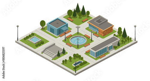 Modern isometric park with fountains and buildings