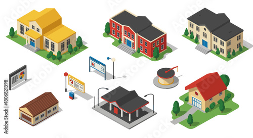 Isometric building set featuring houses, shops, and urban structures in vibrant colors
