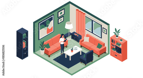 Cozy isometric living room with modern furniture and green accents