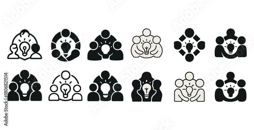 Icons of collaborative thought: people sharing ideas around light bulbs