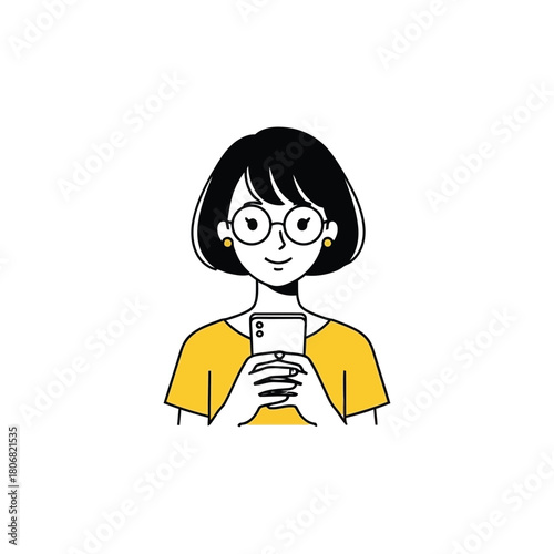 Cartoon illustration of a smiling schoolgirl in a yellow dress studying at a desk with a laptop