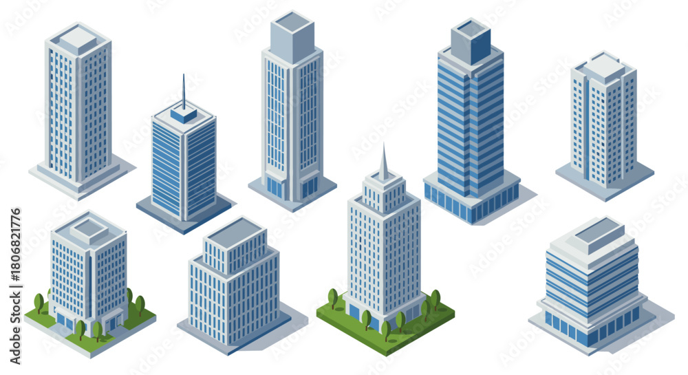 Fototapeta premium Modern isometric skyscrapers set with green space