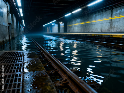 Flooded underground train tunnel with reflective water covering the railway tracks
