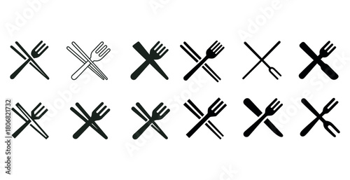 Collection of black and white crossed fork and knife icons