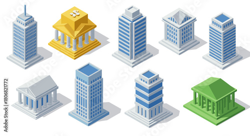 Isometric city buildings set with diverse architectural styles and colors