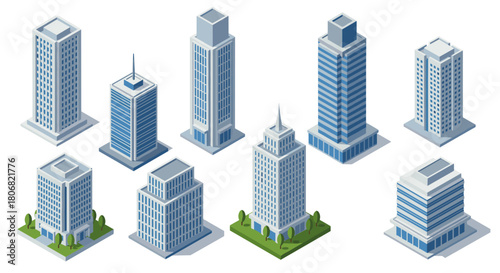 Modern isometric skyscrapers set with green space