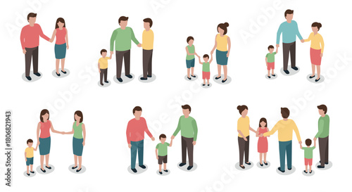 Diverse family interactions in isometric style on white background