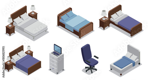 Isometric bedroom furniture set with beds, nightstands, and office chair