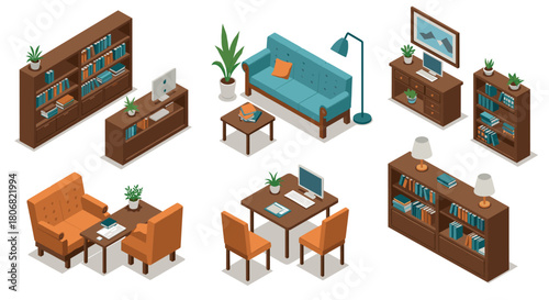 Modern isometric home office and living room furniture set with bookshelves and plants