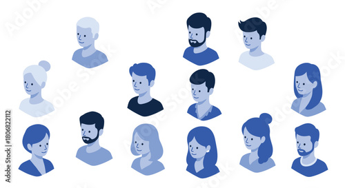 Modern minimalist blue monochrome character portrait collection