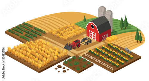 Isometric farm scene with fields, barn, and tractors in a harvest landscape