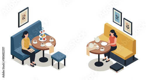 Isometric cafe scene with women enjoying afternoon tea in cozy booths