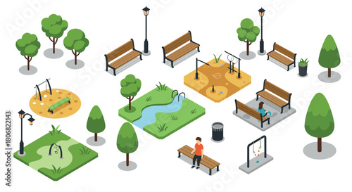 Isometric park elements with benches, trees, and playground in minimalist design