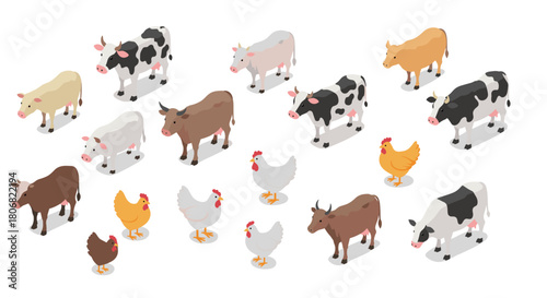 Isometric farm animals collection with cows, chickens, and ducks in various patterns
