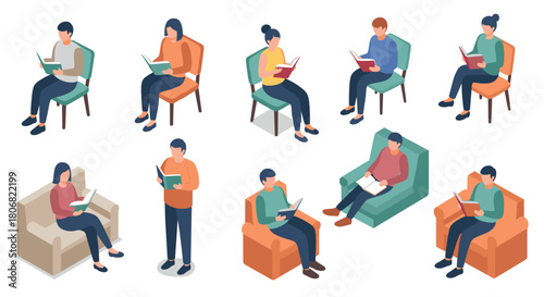 Isometric people reading books in various poses on chairs and sofas