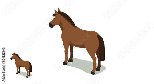 Isometric horses on white background with shadows - large and small brown horses