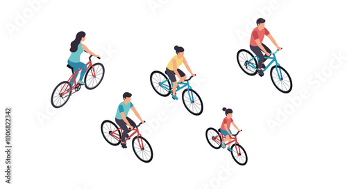 Flat style people riding bicycles in casual attire on white background