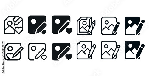 Icon set of image editing and design tools featuring pencils and hearts