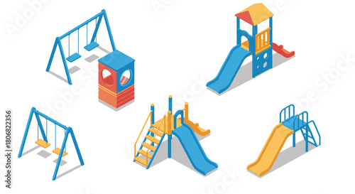 Colorful playground equipment set with slides and swings in isometric style