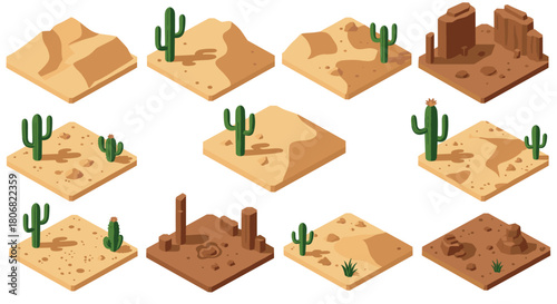 Isometric desert landscapes with cacti and rock formations in flat design
