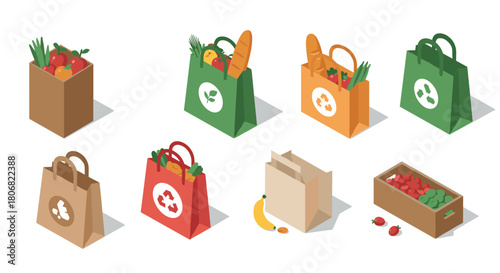 Isometric eco-friendly grocery bags with recyclable icons and fresh produce