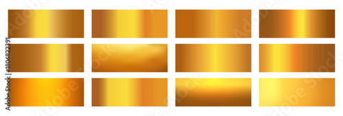 Gold foil gradient pack. Vector set with elegant golden copper brass foil backgrounds. Metallic gradients collection for premium style and design templates