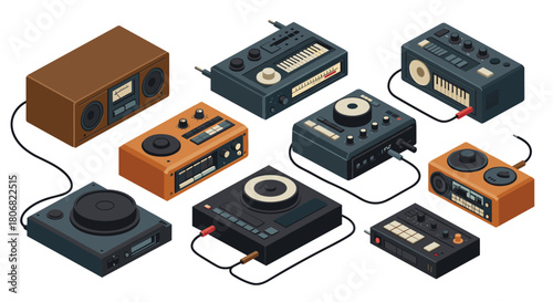Retro audio equipment set: isometric design of vintage radios and tape recorders