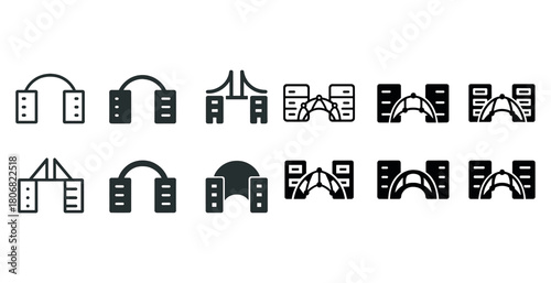 Black and white building icon set featuring bridges and arches