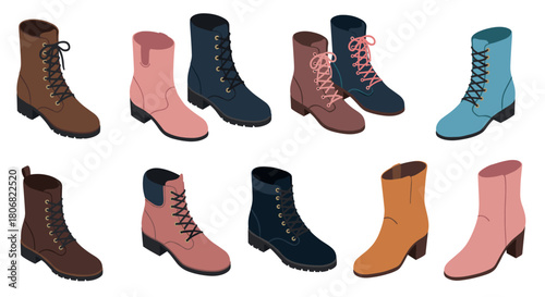 Collection of isometric colorful ankle boots in various styles and designs