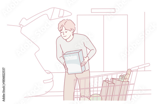 Happy young man loading groceries in car. Smiling guy putting products from supermarket in automobile. Shopping concept. Vector illustration.