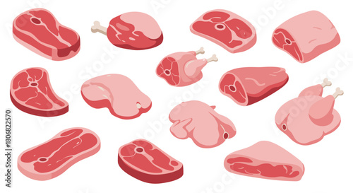 Assorted cartoon meat cuts on white background: playful and colorful designs for food design projects