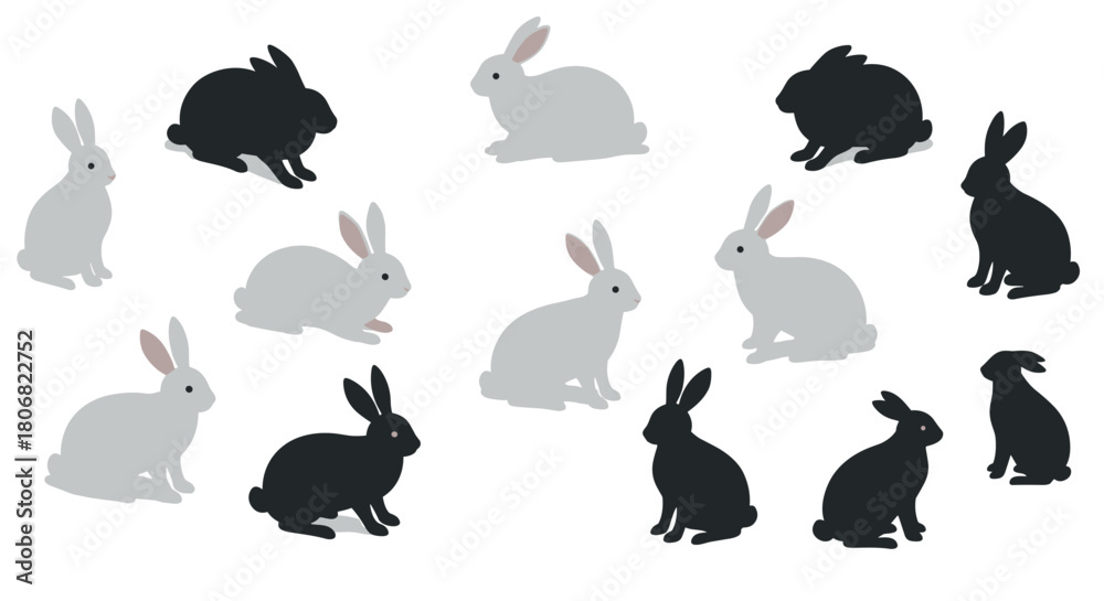 Obraz premium Flat style pattern of black and white rabbits on white background