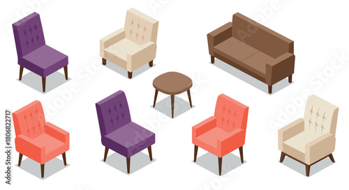 Isometric furniture collection with colorful chairs and sofa arrangements